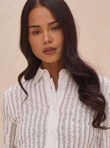 MUSERA Textured Button Through Collared Fitted Long Sleeve Extreme Cuff Shirt Spring  Cute Book Shop Holiday Fall Back To School Autumn