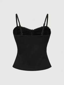 ROMWE Goth 加大码哥特式吊带蕾丝拼接褶饰吊带背心 - 黑色 - 查看 2