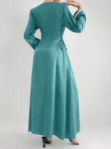 Al Najma 女式 V 领长袖拼接腰带阿拉伯风格连衣裙，端庄