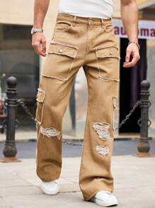 Manfinity Homme Men's Solid Color Straight Ripped Cargo Jeans, Suitable For Everyday Wear - Khaki - View 6