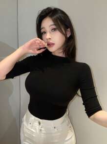 DAZY Autumn New Slim Fit Women Ribbed Knit Round Neck Short Sleeve T-Shirt