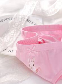 4pcs Little Girls Deer Rabbit Woodland Floral Print Pink Series Cute Cartoon Animal Wild Rabbit Pattern Panties Floral Print Panties, Pack Of Panties - Multicolor - View 3