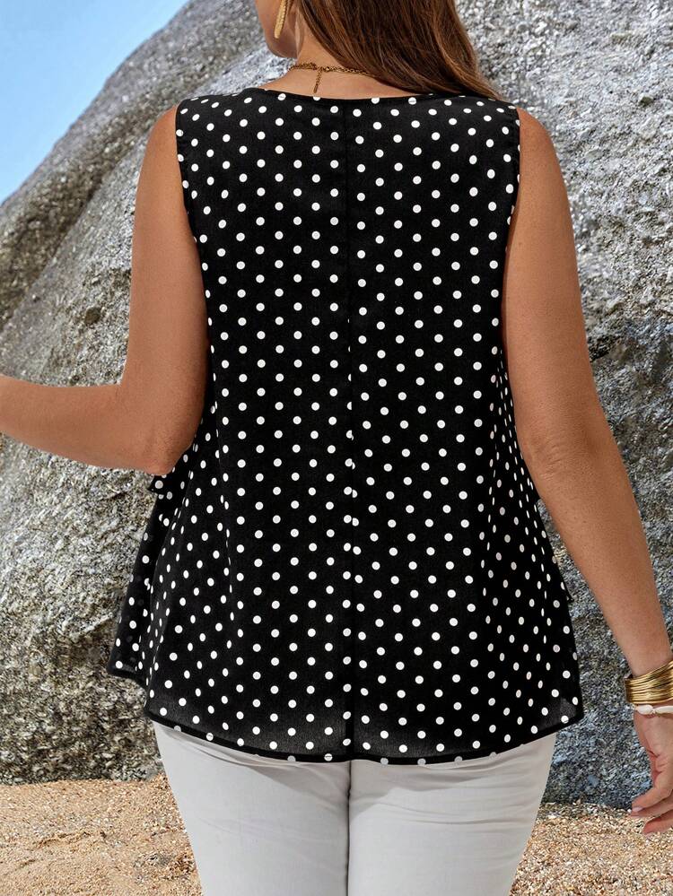 Plus Size Black And White Polka Dot Sleeveless Blouse: Casual Scoop Neck Woven Tiered Layer Top For Women,Spring/Summer/Vacation