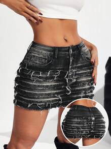 SHEIN PETITE 女士性感修身弹力牛仔迷你裙，黑色，女士夏季，俱乐部性感女士，哥特风，演唱会女士，锐舞音乐节，垃圾摇滚，春假，破洞牛仔裙，女士街头服饰，乡村音乐会，街头服饰，锐舞，演唱会