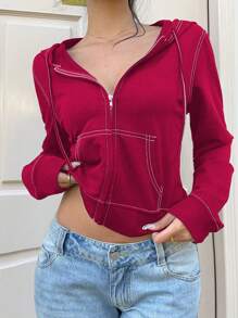 SHEIN EZwear Women Contrast Color Drawstring Hooded Cropped Hem Sweatshirt,Graduation,Teacher,Back To School Pullover Fall - Burgundy - View 7
