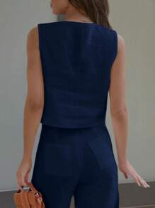 INAWLY Women's Solid Color Single-Breasted V-Neck Casual Vest Jacket - Blue - View 2