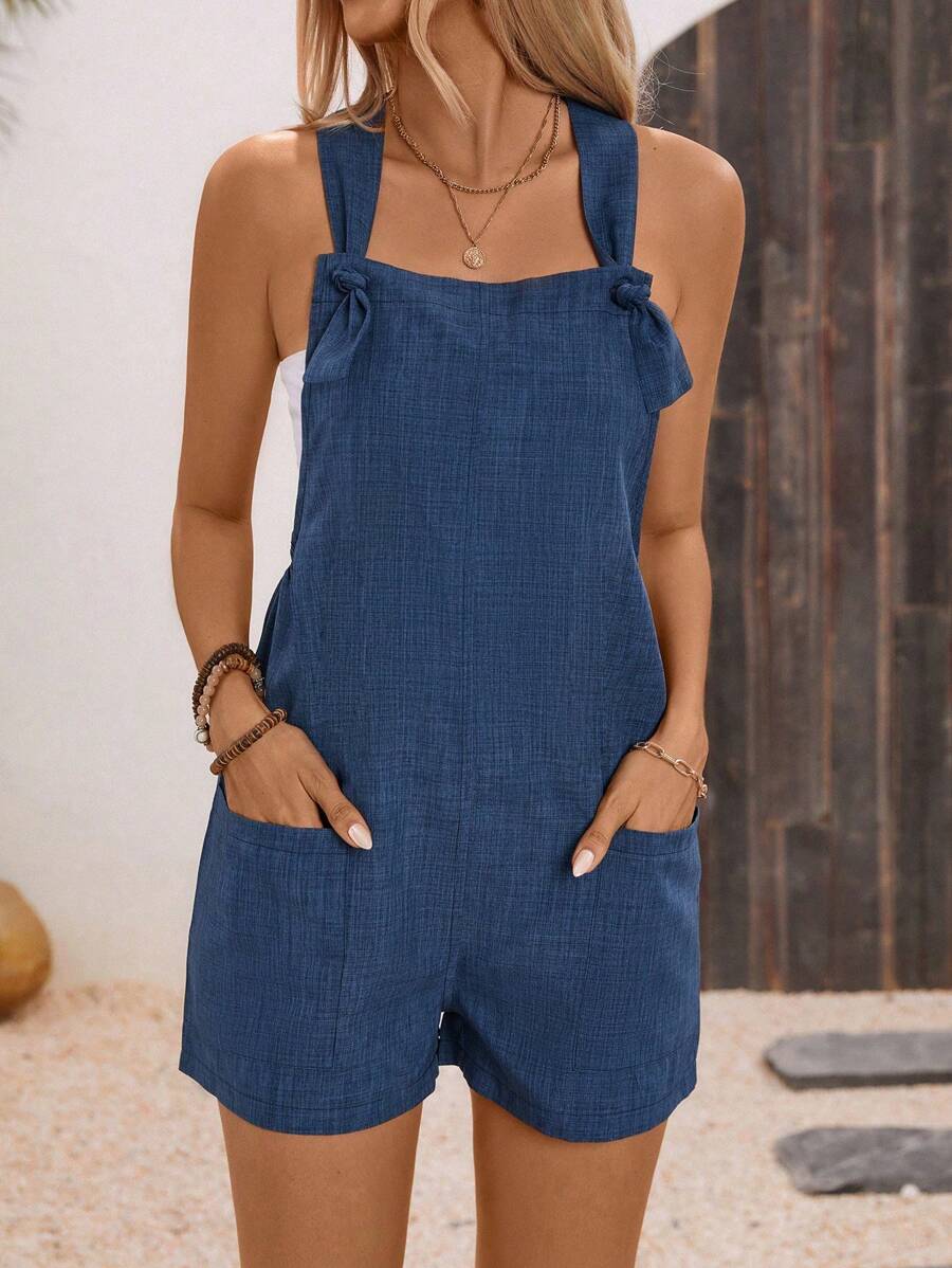 SHEIN PETITE 纯色牛仔效果口袋扭带连体裤，适合春夏季通勤 - 藍色 - 查看 1