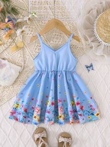 SHEIN Baby Girl Floral Print Casual Spaghetti Strap Dress Girls Summer Dress Spring Dresses For Girls Baby Girl Spring Dress - Blue - View 1