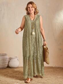 EMERY ROSE Women's Elegant V-Neck Sleeveless Lace Dress - Green - View 4