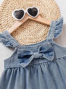 SHEIN Playful Pals 2pcs/Set Toddler Girls Stylish Cute Bow Camisole And Denim Shorts Set, Summer