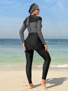 SHEIN Swim Mulvari Women's Striped Long Sleeve Burkini Top And Pants Set, Minimalist & Fashionable For Summer - Black and White - View 7