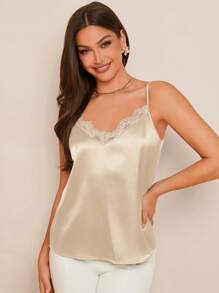 Amorya 女士优雅撞色蕾丝领缎面吊带背心，百搭，春夏季可作为分层单品，秋冬季可作为夹克内搭