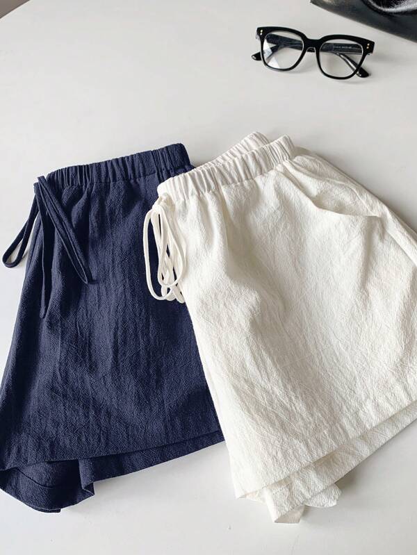 Comfortcana 2pcs Women Solid Color Waist Tie Pockets Shorts Set