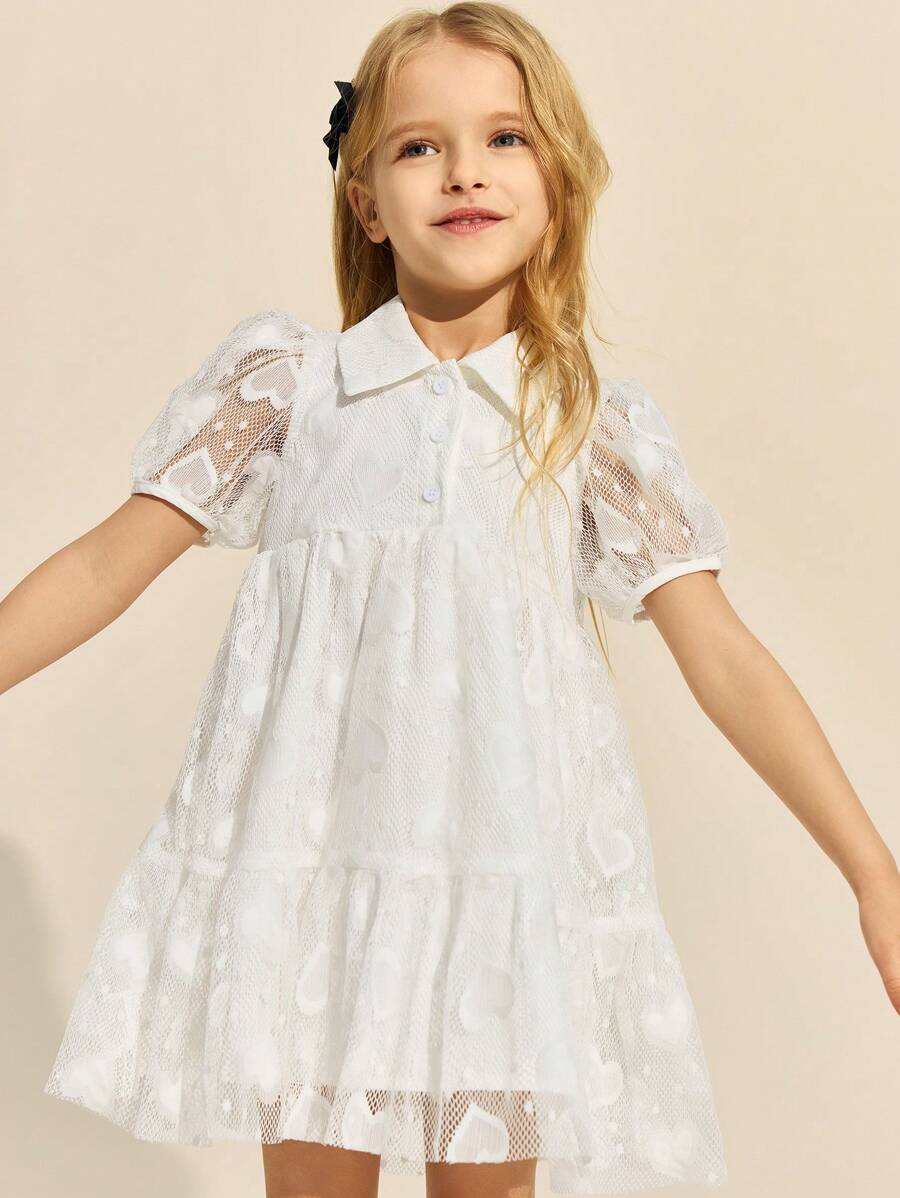 SHEIN Kleine Mädchen Elegantes weißes Mesh-Jacquard Kleid mit Kurzarm Kragen, Frühling/Sommer - Weiss - Übersicht 1