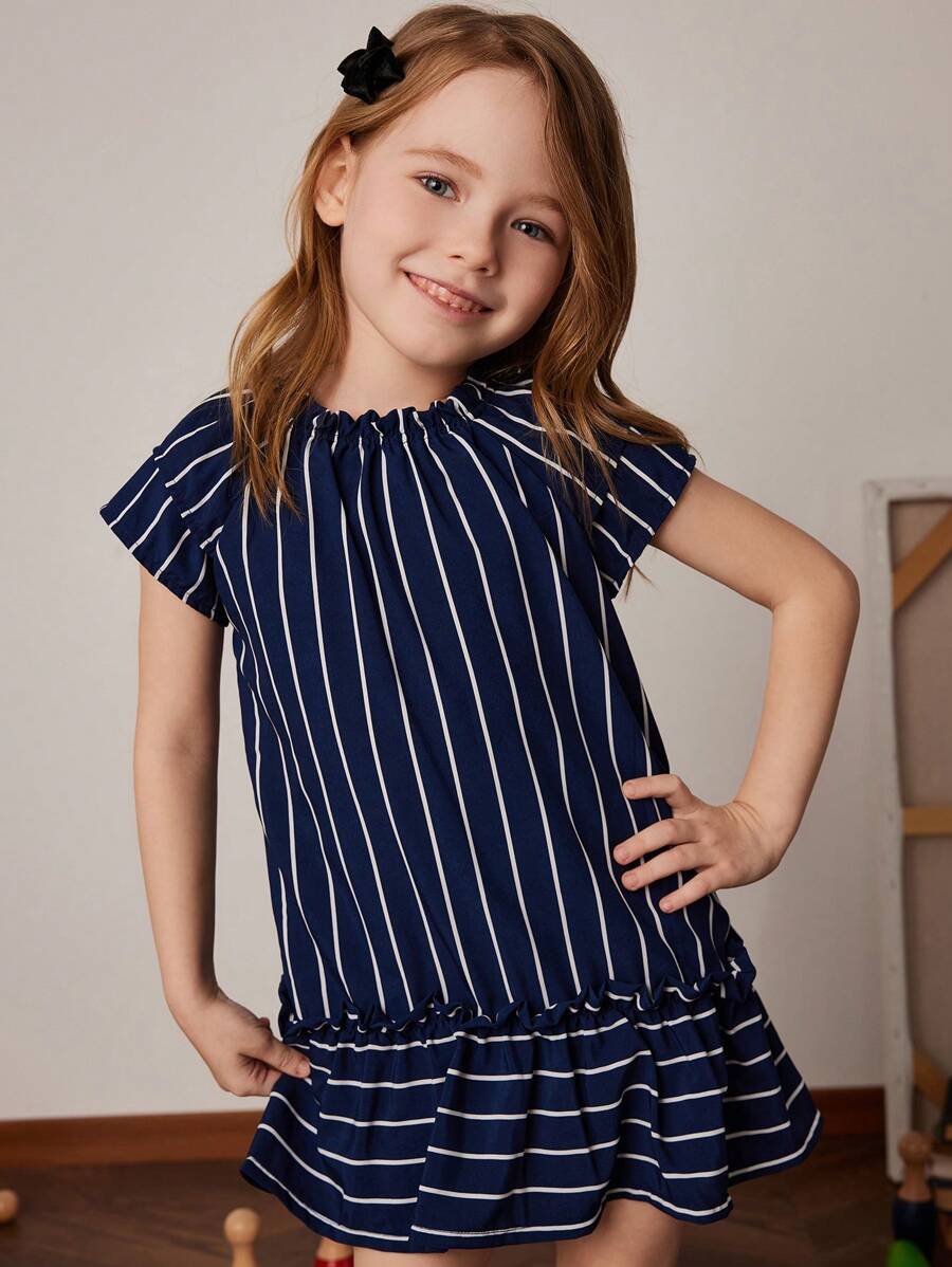 PrepCrw Vestido de estilo universitario con volantes en el dobladillo y rayas azules para niñas jóvenes en primavera/verano - Azul y blanco - Ver 1