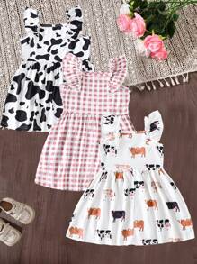 SHEIN Vestido de 3 piezas con estampado de vaca y mangas cortas para niña pequeña