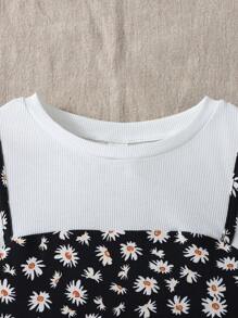 SHEIN Teen Girls White Knit Ribbed Splice Black Daisy Ditsy Floral Sleeveless 2 In 1 Dress, Suitable For Casual, Vacation And Outing