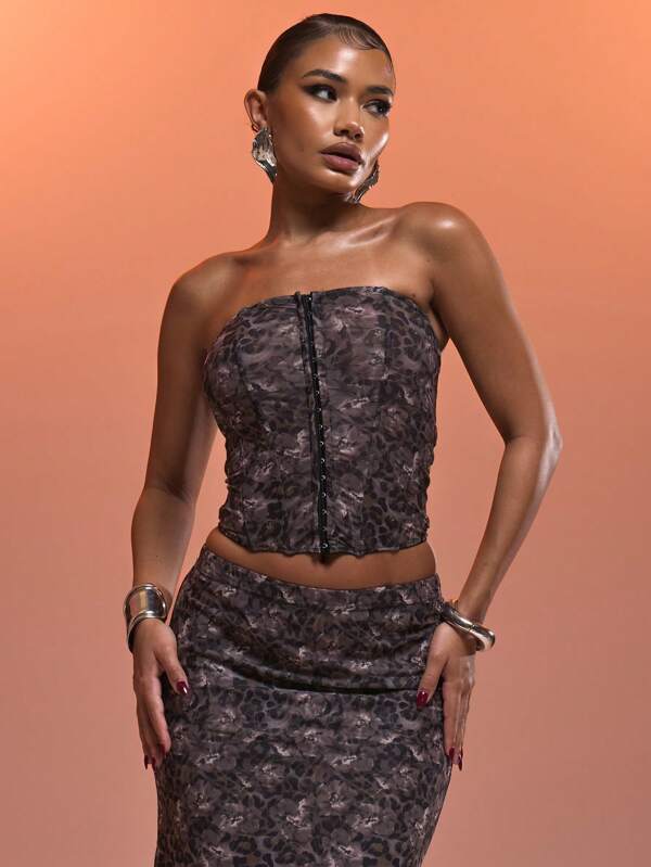 MUSERA Leopard Floral Printed Mesh Lace Up Bandeau Top Only Casual Spring Summer Sexy Club