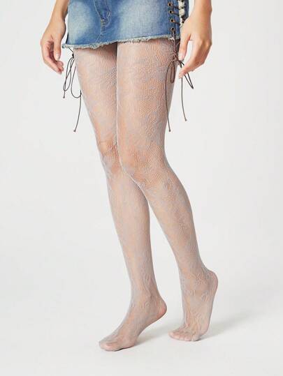 Kawaii زوج من جوارب الشباك المزهرية الجذابة والشفافة، السراويل الشفافة الرقيقة البنفسجية الساخنة، بنطلون رقيق مرن شفاف