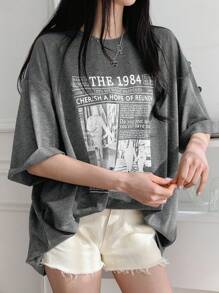 DAZY T-shirt oversize casual da donna con stampa slogan, scollo rotondo, spalle scoperte