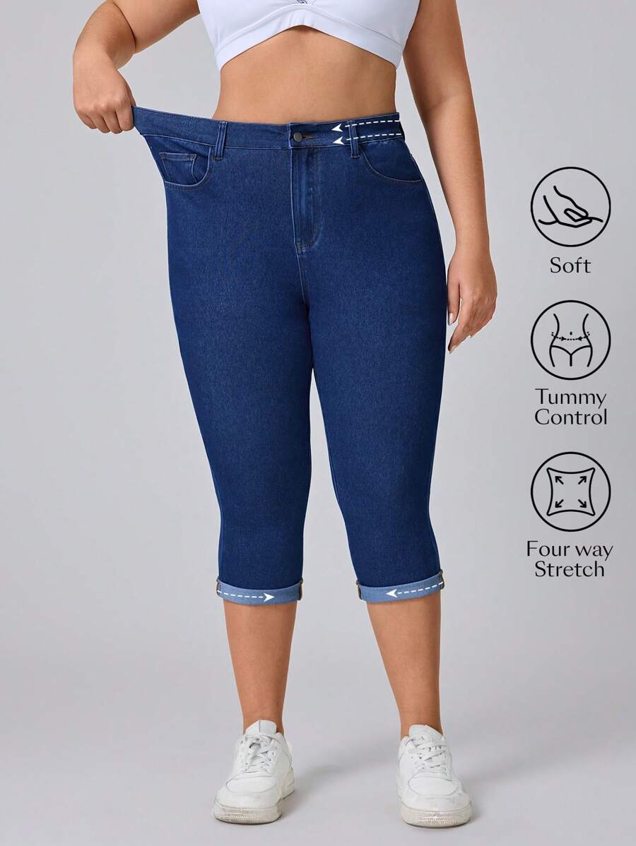 Flexra Große Größen Stretch-Denim-Caprihose in Blau, modisch-lässiger Stil, für Damen