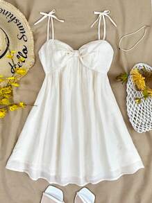 SHEIN Teen Girls Solid Color Casual Sleeveless Spaghetti Strap Dress For Spring And Summer, Bow Accent, Cute/Girly