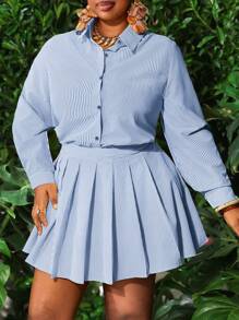 Slaydiva Plus Size Women's Elegant Lightweight Striped 2 Pieces Set - Blue - View 4