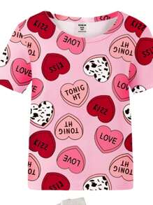 Set de 2 pièces de pyjama pour adolescentes, tenue décontractée confortable avec imprimé cœurs sur tout le Top à col rond à manches courtes et pantalon long