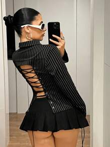 SHEIN ICON 长袖条纹后背系带可调节衬衫夏季春季女士演唱会女装工作办公室