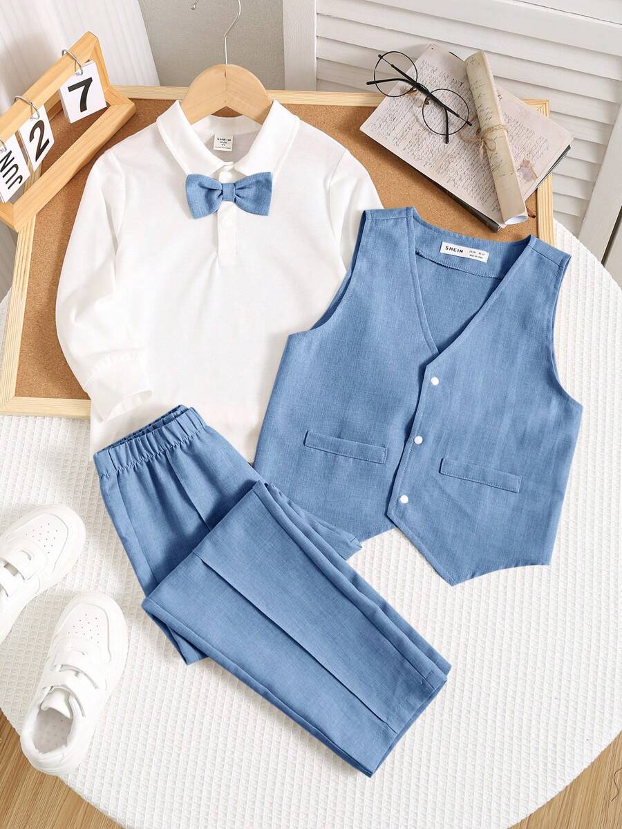 SHEIN 3 件套年轻男孩绅士精致优雅都市白色长袖衬衫、T 恤、背心和裤子套装，适合婚礼、派对、旅行、日常聚会、秋冬 - 藍色 - 查看 1