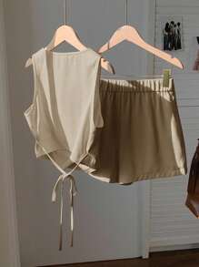 Comfortcana Women's Khaki Cardigan And Shorts 2 Pieces Suit Set - Khaki - View 2