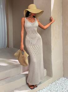 RueChic Boho Knit Spaghetti Strap Maxi Dress - Summer Beachwear Cover-Up - Camel - View 3