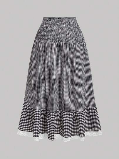 SHEIN MOD Plus Size Women's Black & White Plaid Long Skirt, Casual Picnic Style