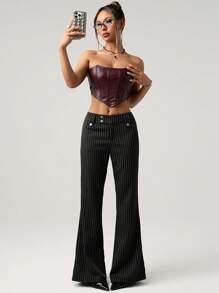 SHEIN ICON Quần ống loe sọc cạp thấp thời trang Y2K đi làm dành cho nữ, mặc hàng ngày - màu đen - Xem 8