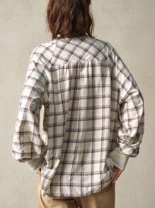 Bohemela Casual Woven Plaid Lapel Half-Open Dropped Shoulder Long Sleeve Loose Long Shirt For Women