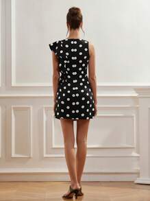 Aveloria Rosie Vestido minifalda plisado elegante y delgado para mujer con cuello redondo, diseño de lunares de contraste, volantes asimétricos y cintura fruncida, de estilo chic y de alta gama