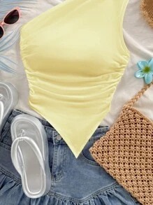 Soleia Blusa asimétrica con hombro descubierto de color amarillo pálido, adecuada para vacaciones de verano - Amarillo - Ver 4