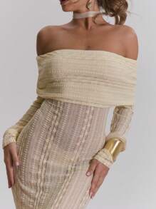 MUSERA 露肩翻领纹理雪纺修身长袖连衣裙，适合春夏新年穿着。 - 杏色 - 查看 2