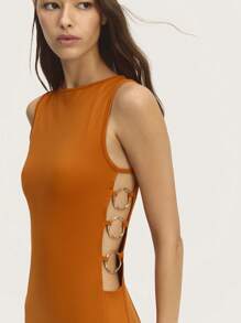SHEIN Unity Mini Dress Slevee Less Square Neckline. Cut Out Waist Detail With Gold Rings On The Side. Perfect For Spring Summer Nights - Beige - View 3
