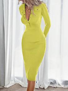 Aveloria Modichic Vintage Ladylike Button Decor Slim Fit Long Sleeve Sweater Dress  - Green - View 6