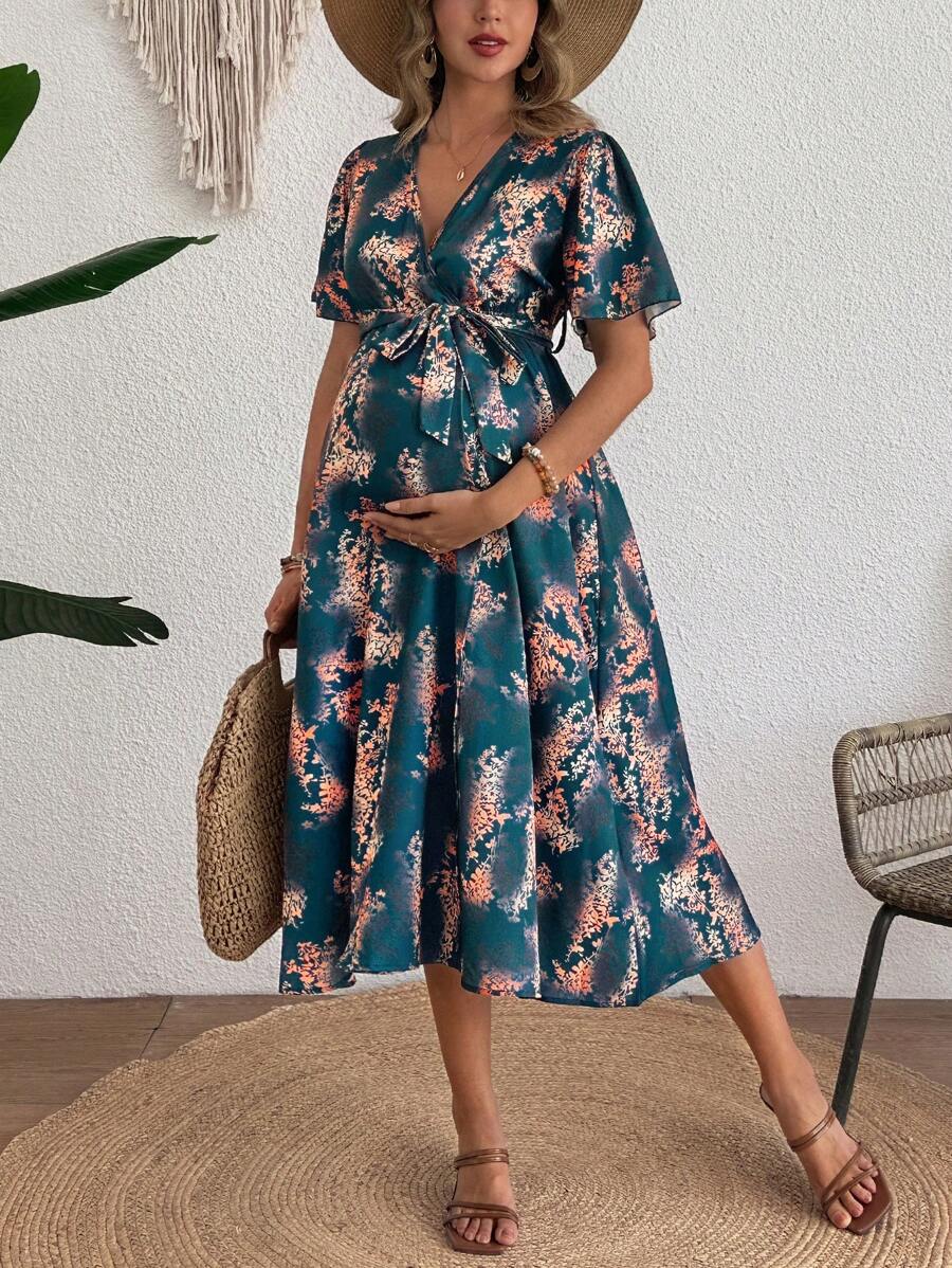 SHEIN Maternity V-Neck Allover Print Dress, Versatile For Commuting - Blue - View 1