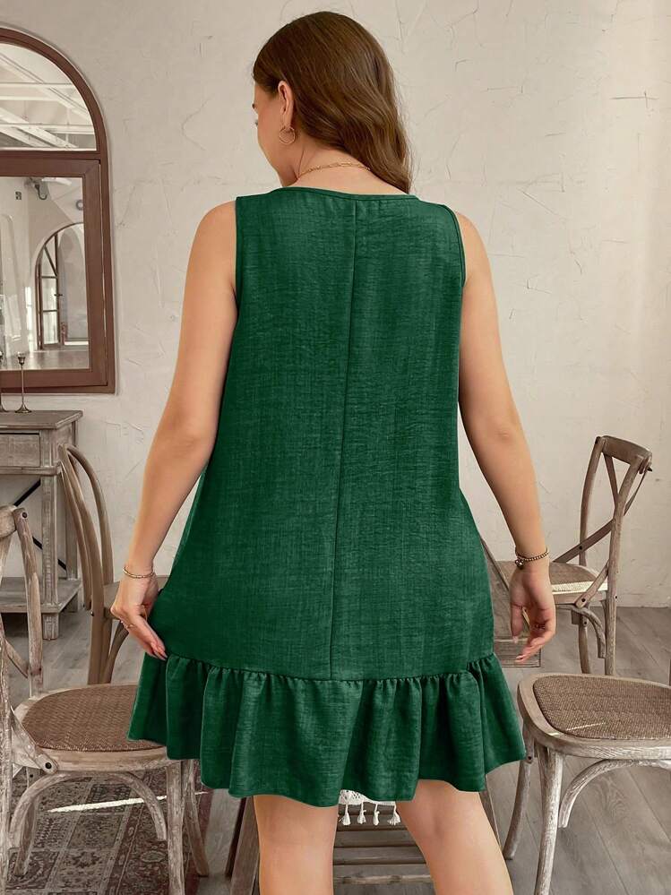 EMERY ROSE Plus Size 3D Flower Sleeveless Ruffled Hem Straight Dress - Green - View 2