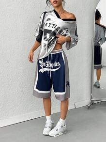 Women's Summer Letter Graphic Drawstring Waist Loose Shorts - Multicolor - View 6