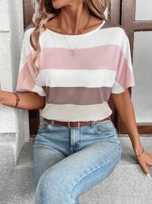 SHEIN LUNE 秋季粉紅條紋休閒鄉村音樂會女式緊身衣