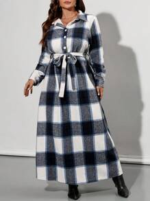 SHEIN Privé Women Plus Size Plaid Cinched Waist Waist Dress, Elegant Long Style Suitable For Commuting, Autumn/Winter - Blue - View 4