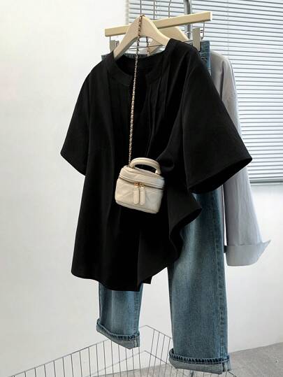 SHEIN LUNE 女士优雅通勤休闲简约百搭畅销 V 领纹理短袖衬衫，黑色，加大码，适合春季、夏季、秋季