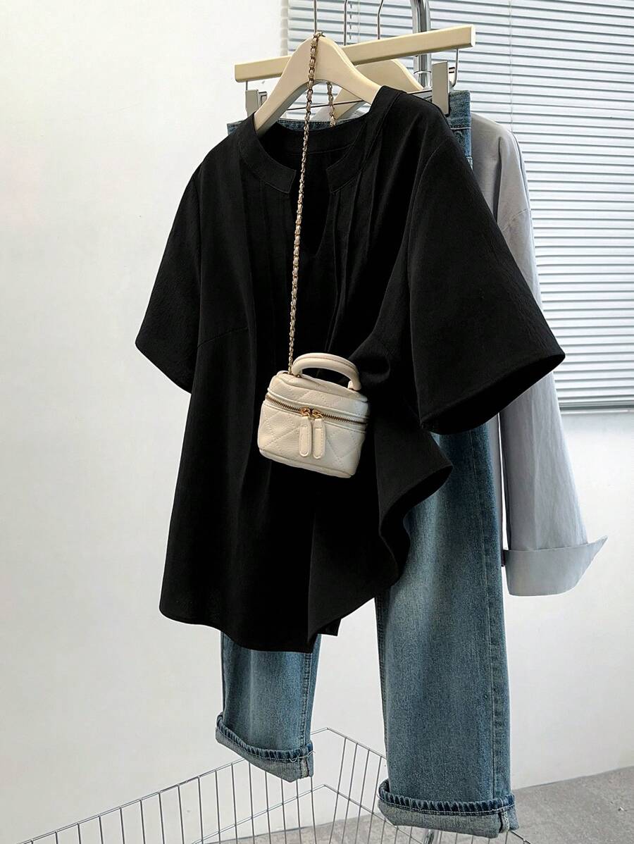 SHEIN LUNE Women's Elegant Commuter Casual Minimalist Versatile Bestselling V Neck Textured Short Sleeve Shirt, Black, Plus Size, Suitable For Spring, Summer, Autumn - Black - View 1