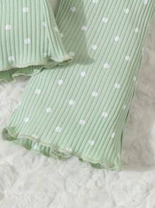 2pcs Baby & Toddler Girl Green Cute Polka Dot Print Short Sleeve Top And Flare Pants Casual Home Outfit