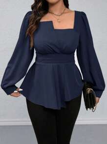 Calvaya Kemeja Kasual Wanita Ukuran Plus dengan Bahu Asimetris, Kerah Bulat, Hem Berkerut, dan Lengan Lentera yang Diikat, Cocok untuk Perjalanan Musim Gugur. - Navy Blue - View 7