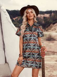 LanaWest 女式随意剪裁波西米亚风图案修身短袖连衣裙 - 彩色 - 查看 1